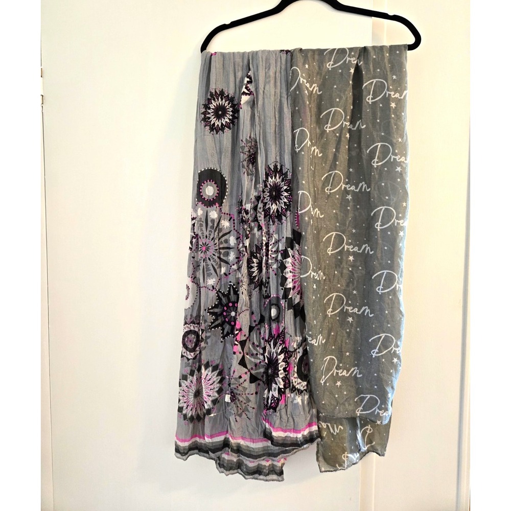 Lot of 4 Womens Gray/Black Scarves Graphic Print "Dream",Mardi Gras,Multicolor.